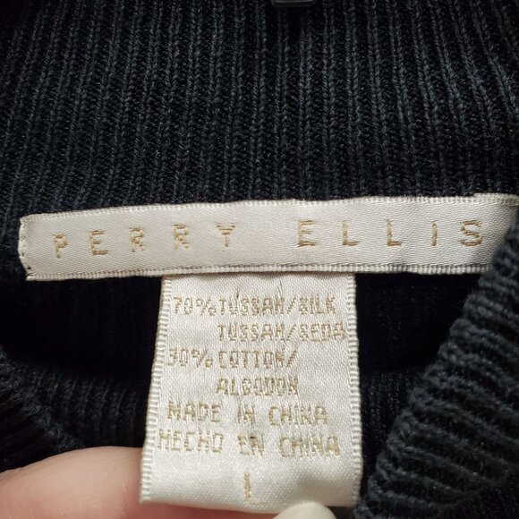 Perry Ellis Vintage Men's Black Tussah Silk Blend Ribbed Knit Mockneck Sweater L - Picture 3 of 4